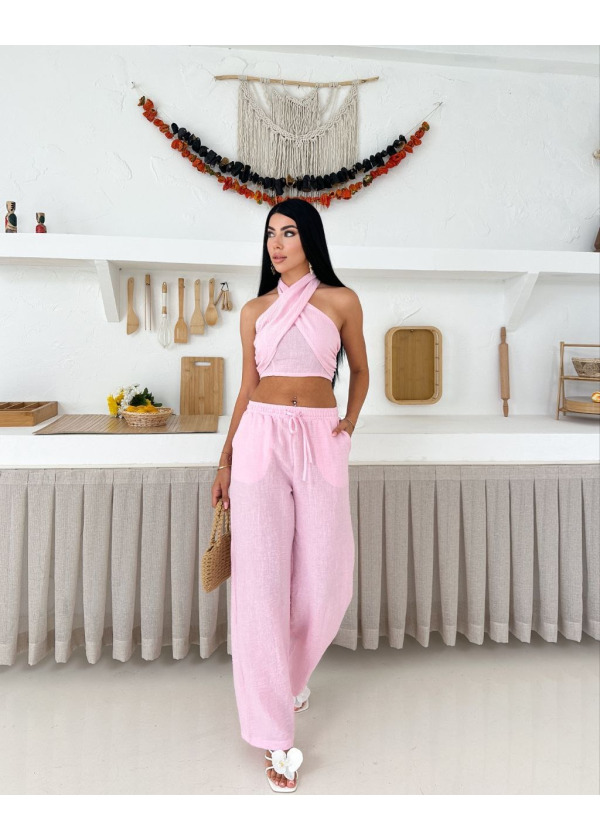 Haki Pembe Mavi Renkleri İle  Keten Takım