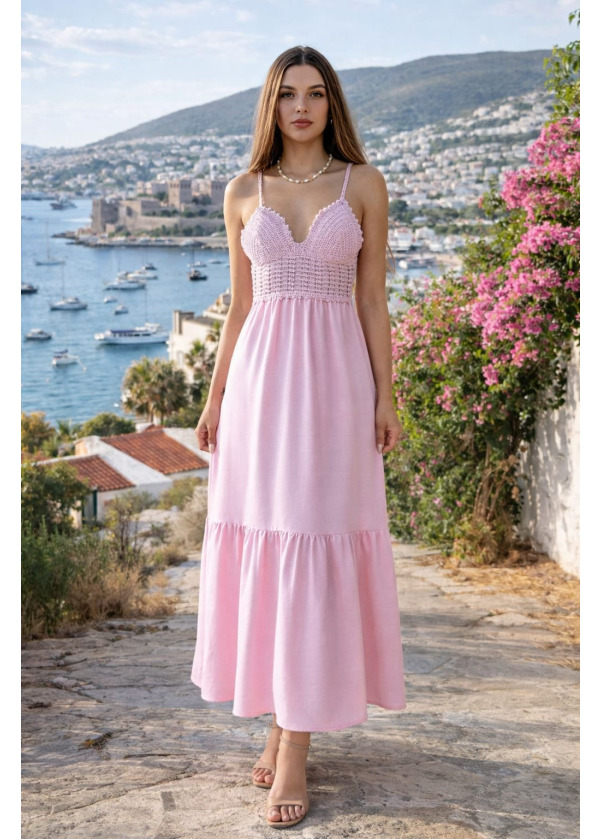 Keten Askılı V Yaka Boydan Elbise Pembe